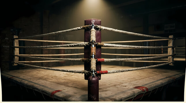 Old vintage professional boxing ring featuring weathered ropes and corner posts inside a dim arena for intense physical combat matches awaiting championship fighters to enter for their next big