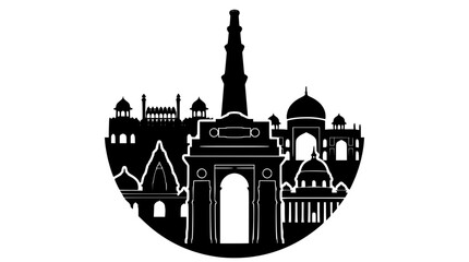 Fototapeta premium Delhi India Monuments Black Silhouette Emblem Vector
