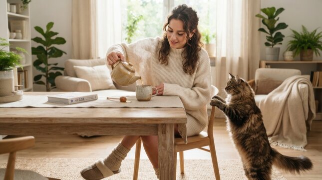 Cozy Morning Ritual: A woman in a warm sweater pours tea into a mug at a wooden table, accompanied by her curious cat standing on its hind legs, in a bright, sunlit living room filled with plants.