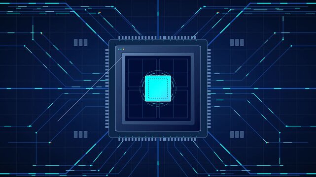 Futuristic AI CPU Microprocessor with Glowing Circuit Board Bus Lines 4K Technology Motion Loop