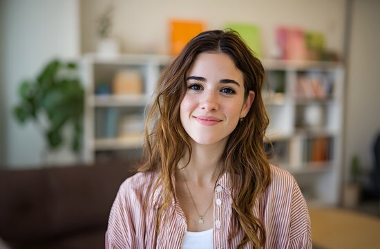 Retrato de Mujer Joven Sonriente con Cabello Ondulado y Camisa a Rayas en Oficina en Casa para Redes Sociales y Blogs de Estilo de Vida