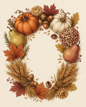 Autumn harvest frame with pumpkins, pears, wheat, acorns, and fall leaves on a light beige background, for seasonal greeting, cards and decor.