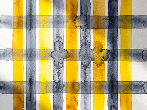Watercolor plaid pattern illustration with yellow and grey stripes on textured paper