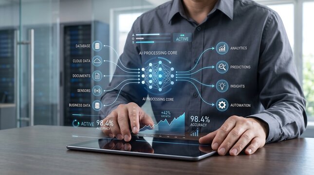 Data scientist using digital tablet to analyze artificial intelligence neural network performance and business data analytics
