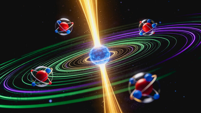 Atomic Model Illustration with Energy Emission and Orbital Paths