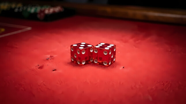 Two translucent red gaming dice sitting on a felt surface during a tabletop game session of luck representing professional gambling and strategic risk taking within a busy social casino