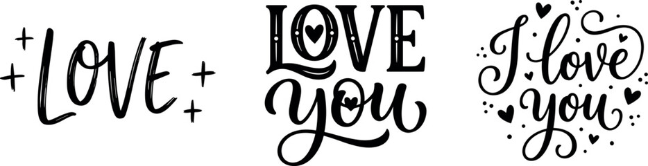 Obraz premium Set of love and i love you hand-lettering typography vector illustrations with hearts and sparkles design templates
