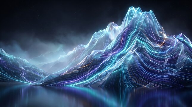 Futuristic glowing ice mountains reflecting in calm water under a starry night sky neon