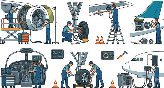Aircraft maintenance and repair set featuring jet engine overhaul landing gear service wing inspection APU maintenance cockpit checks tire changing and avionics diagnostics vector illustration