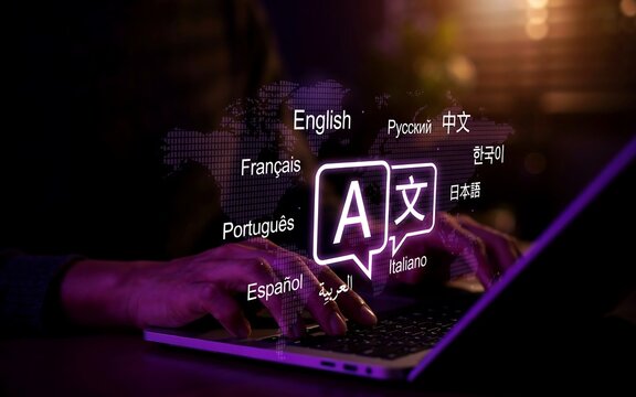 Digital language translation concept with glowing a and chinese character icons for global communication trends in 2027