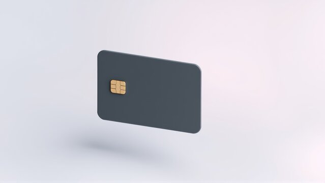 Dark plastic card floats. Golden chip visible. Minimalist design, simple background. Clean presentation, modern aesthetic.