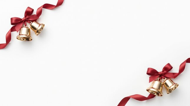 Christmas gold bells with red ribbons on a white background with copy space
