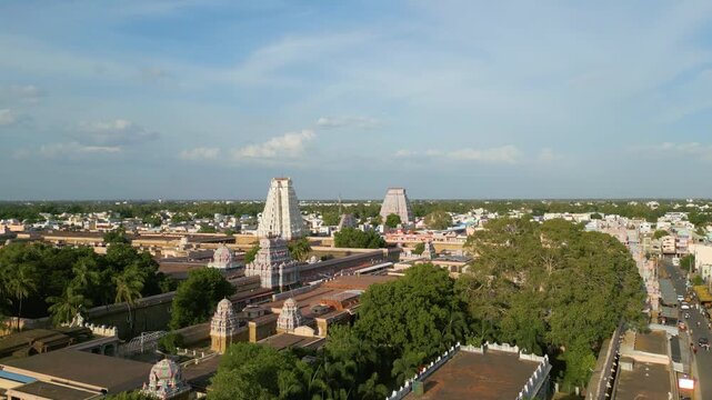 Aerial view of Sri Ranganatha Swamy Temple, The temple is located in Srirangam, Tiruchirappalli, Tamil Nadu, India.
