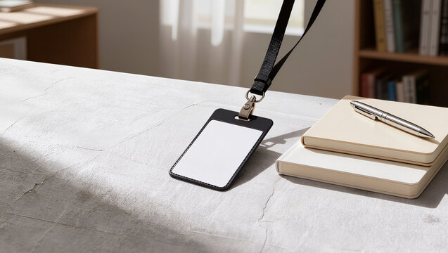 Blank white ID card badge on black lanyard beside notebook and pen on a desk, empty identification tag mockup in a bright office, corporate access pass and template concept with copy space