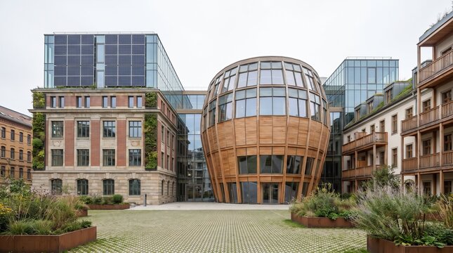 Modern sustainable architecture in contemporary downtown, creative renovation of historic facades, featuring congress hall, office building, and old town residential district