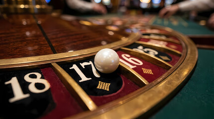 Obraz premium A spinning wooden roulette wheel captures the excitement of high stakes wagering where the small white ball lands on the number seventeen during a session inside a busy and popular gaming hall