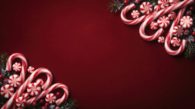 Festive christmas background with red candy canes and peppermint sweets on a deep red backdrop