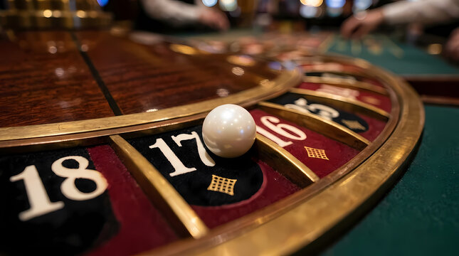 A spinning wooden roulette wheel captures the excitement of high stakes wagering where the small white ball lands on the number seventeen during a session inside a busy and popular gaming hall