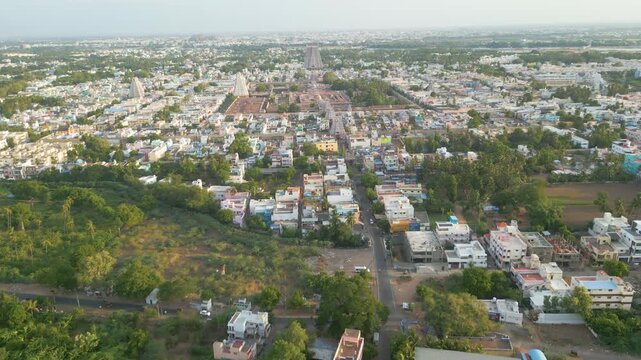 Aerial view of Sri Ranganatha Swamy Temple, The temple is located in Srirangam, Tiruchirappalli, Tamil Nadu, India.