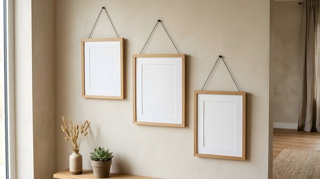 Interior view of three rectangular blank wooden picture frames hanging diagonally with thin wires on warm beige wall in cozy minimalist living room space. 