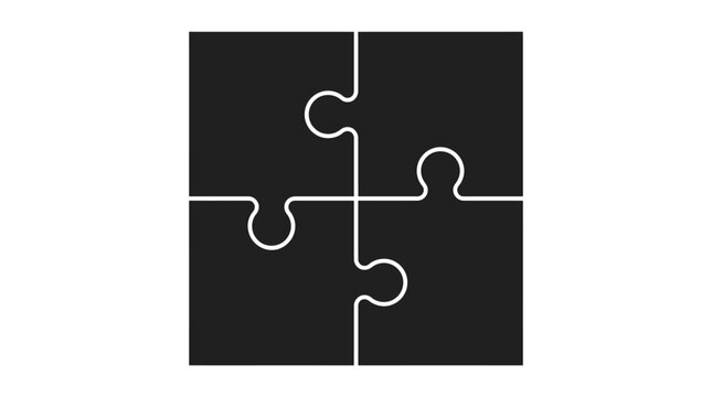 Minimalist vector illustration of four black puzzle pieces joined together to form a square layout design