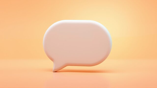 Peach speech bubble sits upon warm orange surface. Minimalist design, soft lighting creates gentle shadows. Simple, clean aesthetic.