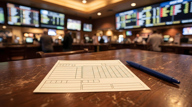 A blank paper betting form sits on a wooden counter with a pen inside a busy sports venue where people watch various game screens and place wagers on their favorite teams during a live match day