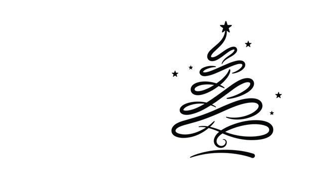 A black vector silhouette of a stylized christmas tree drawing, featuring graceful swirling lines and a star, perfectly capturing the festive winter mood on a clean white background for greeting card