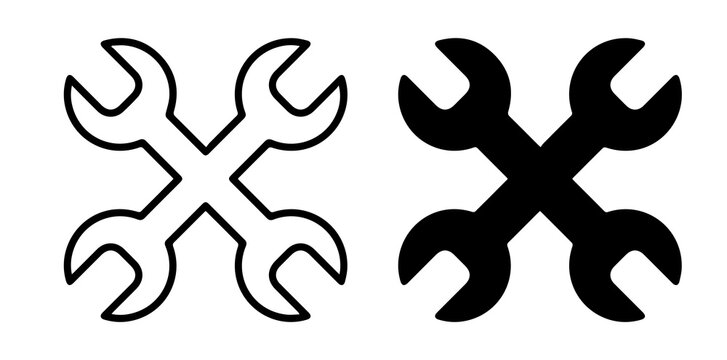 crossed wrench repair tool icons. black maintenance and service symbols with outline and filled styles on transparent png background.