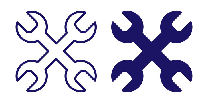 crossed wrench repair tool icons. blue maintenance and service symbols with outline and filled styles on transparent png background.