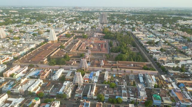 Aerial view of Sri Ranganatha Swamy Temple, The temple is located in Srirangam, Tiruchirappalli, Tamil Nadu, India.