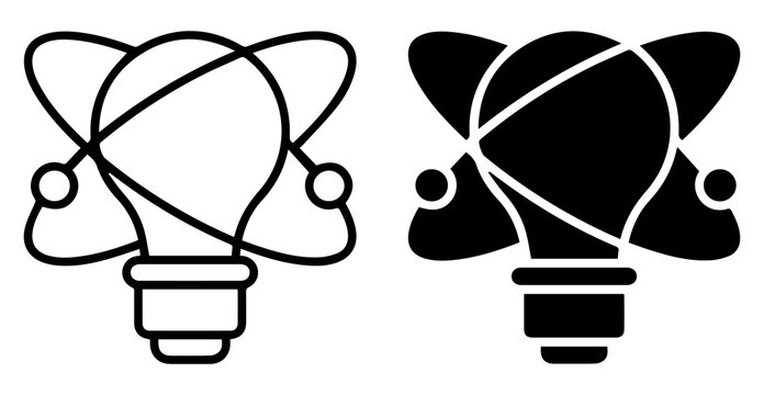 Atomic light bulb icon set. Science inspired atom orbit designs with outline and solid styles isolated on transparent PNG background.