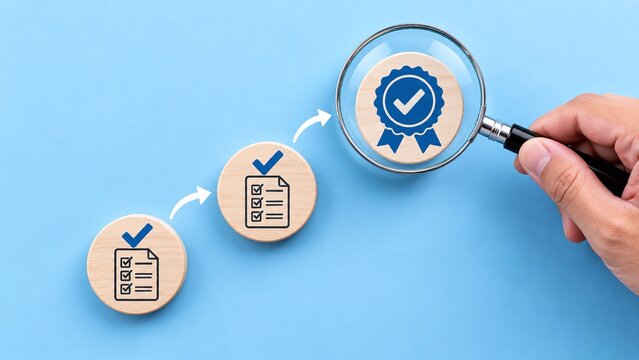 Steps of quality assurance and control process, from checklist to certification symbol, inspected under a magnifying glass