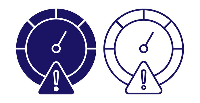 Speedometer warning icon set. Gauge symbols with alert signs in outline and solid styles isolated on transparent PNG background.