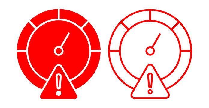 Speedometer warning icon set. Gauge symbols with alert signs in outline and solid styles isolated on transparent PNG background.