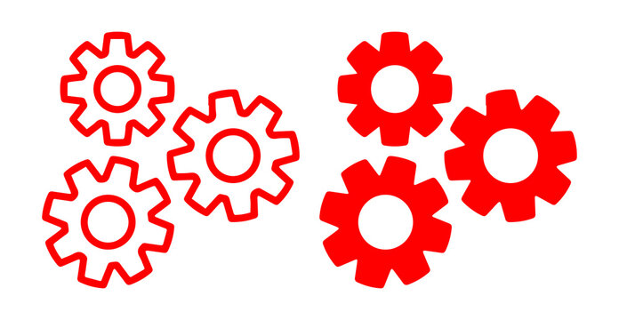 Gears icon set. Red outline and solid mechanical cogwheels isolated on transparent PNG background.