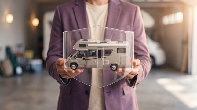 Man in a purple jacket holding a toy camper van behind a clear plastic shield with holds miniature