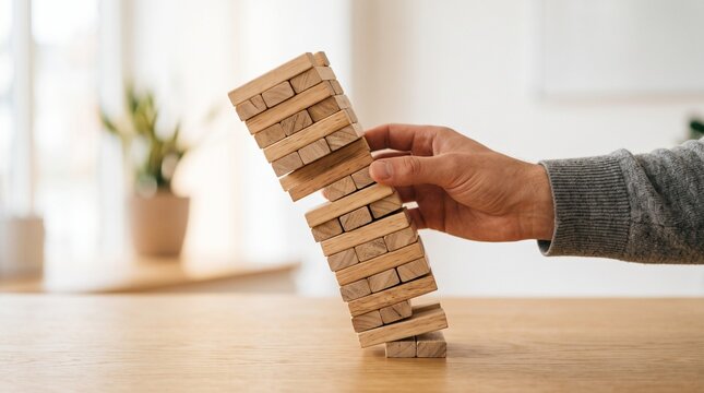 A person carefully touches a wooden block tower that is precariously leaning and about to collapse on a bright indoor table surface