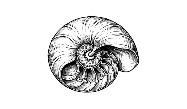 Nautilus Shell Isolated Black and White Vector Illustration