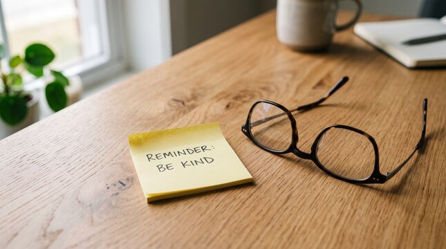 A minimalist workspace featuring a yellow adhesive note with a handwritten reminder to be kind alongside eyeglasses on a rustic wood desk