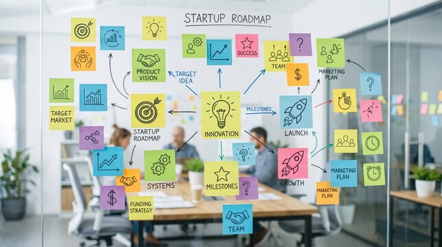 Collaborative Business Strategy Development Featuring Colorful Sticky Notes Arranged on a Transparent Office Glass Wall Board