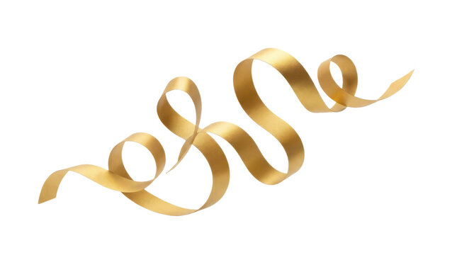 Elegant golden satin ribbon swirl, luxury metallic fabric streamer with flowing curves and shiny texture, decorative festive gift wrap element for holiday isolated on transparent background