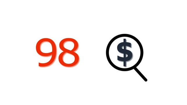 0 to 100 dollar price tag with magnifying glass animation for e-commerce and financial marketing search discount