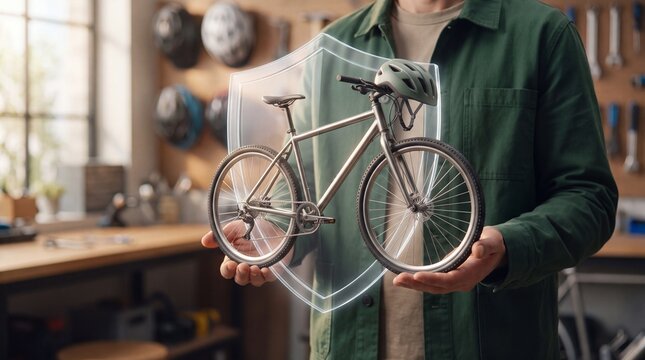 Person holding a holographic shield protecting a bicycle inside a professional bicycle repair shop