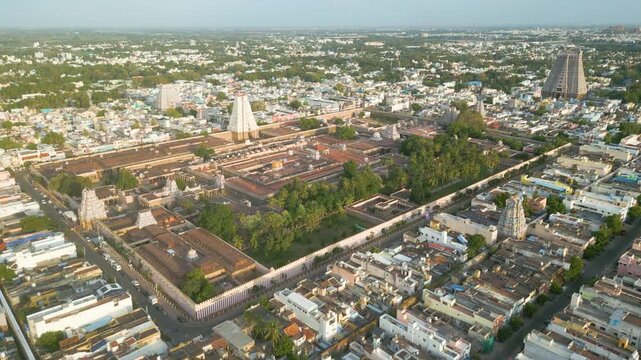 Aerial view of Sri Ranganatha Swamy Temple, The temple is located in Srirangam, Tiruchirappalli, Tamil Nadu, India.
