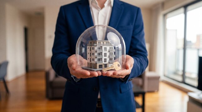 Business person holding a model apartment building and a key under a glass dome with holds miniature