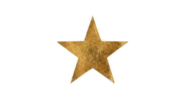 Decorative star shape sticker, textured metallic golden foil paper cutout, blank geometric emblem design element for festive holiday branding projects isolated on transparent background