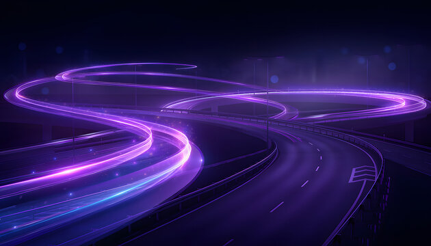 Purple glowing ribbons twist along dark highways. Radiant motion lines and arcs simulate high-speed acceleration and dynamic energy flow. Vector futuristic PNG background isolated.