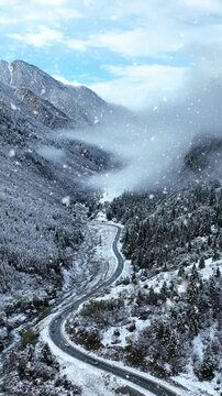 Snowfall in China, Aerial shots of road and landscape covered by snow in winter.