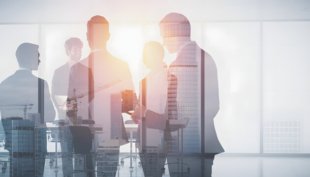 Double exposure image of many business people conference group meeting on city office building in background showing partnership success of business deal. Concept of teamwork, trust and agreement.